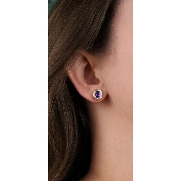 10k Yellow Gold Natural Amethyst Earrings Stud Post - Picture 2 of 8